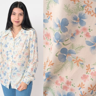 Off-White Floral Blouse 70s Disco Shirt Puff Sleeve Button Up Top Collared Bohemian Retro White Blue Pink Flower Print Vintage 1970s Medium 