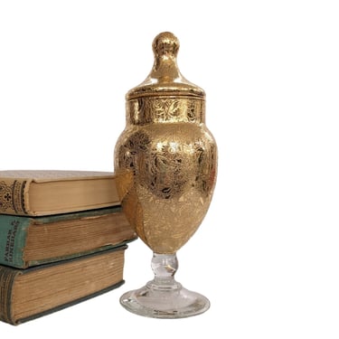 Vintage Gold Gilt Apothecary Jar / Floral Relief Gold Gilded Glass Jar with Lid / Decorative Gold Leaf Regency Home Decor 