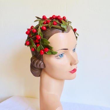 1950's Christmas Red Holly Berries and Green Leaves Fascinator Hat Head Piece 50's Holiday Hats Rockabilly Swing 