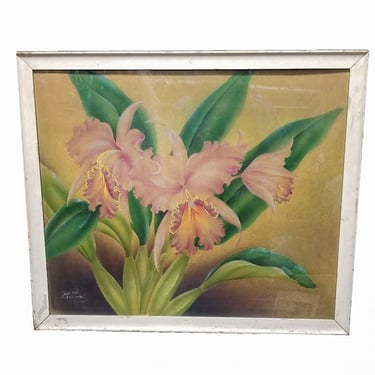 Airbrush Watercolor White Pink Hibiscus signed Frank Oda Hale Pua Hawaii 