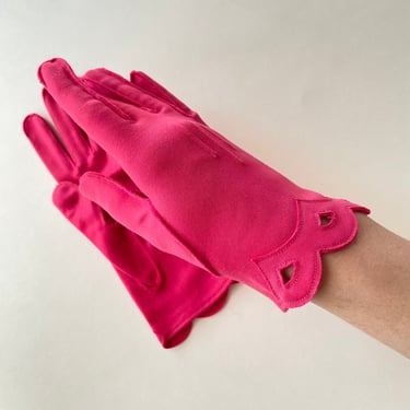 1950s Hot Pink Formal Gloves | 50s Magenta Pink Scalloped Gloves Small 