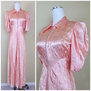 1930s Vintage Peach Pink Silk Dressing Gown / 30s Embroidered Floral Puffed Sleeve Maxi Dress / Small - Medium 