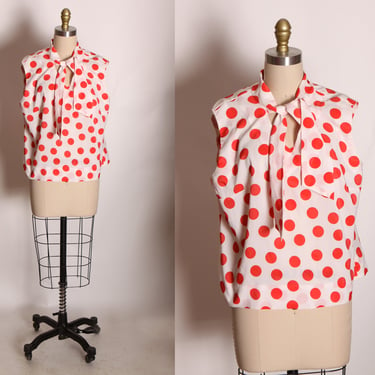 1960s Red and White Polka Dot Sleeveless Bow Collar Blouse 