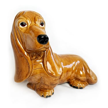 Vintage Ceramic Basset Hound Dog Statue Figurine Mid Century Puppy, Hand Made, Glossy, Signed, Art Pottery, Brown Tan 1960's Large 13" OOAK 