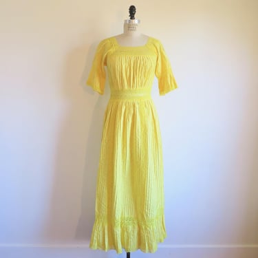 1970's Yellow Cotton and Lace Mexican Long Maxi Dress Pintucks bell Sleeves Bridal Wedding Hippie Boho 28.5" Waist Size 8 Small Medium 