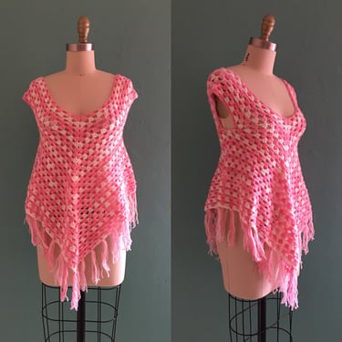 vintage 70's pink crochet fringe top 