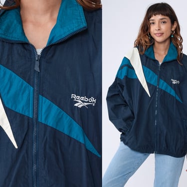 Reebok Windbreaker 90s Zip Up Jacket Retro Navy Blue Shell Jacket Streetwear Warmup Sportswear Vintage 1990s Athletic Oversized Men's Medium 