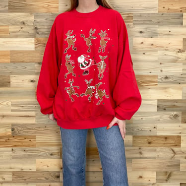 Holiday Christmas Funny Vintage Ice Skating Reindeer and Santa Sweatshirt Sweater 