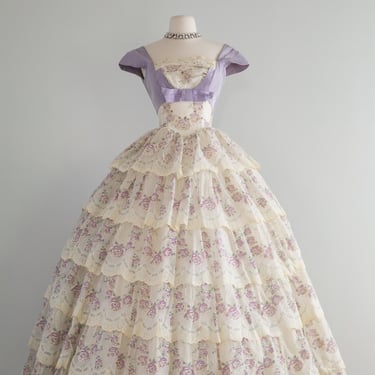 Spectacular 1950's Lavender Rose Print Ball Gown / Small