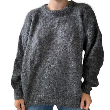 Hand Knit Womens Gray Wool Mohair Fluffy Fuzzy Oversized Chunky Sweater XL 