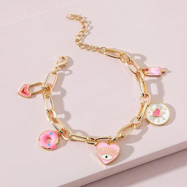 B015 charm bracelet, heart bracelet, heart charm bracelet, gold chain bracelet, gold link bracelet, evil eye bracelet, cute bracelet, gift 