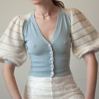 6693t / blue striped angora sleeve cardigan sweater / s 