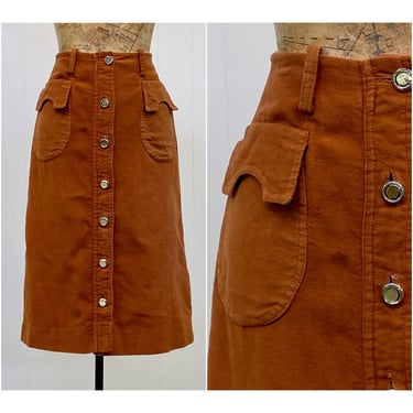 Vintage 1960s/1970s Boho Rust Brushed Cotton Skirt, Burnt Orange Button Front A Line with Patch Pockets, Small 27