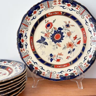 Chinoiserie Set of Dark Blue and Orange Red Imari Plates. Vintage Set of 8 Mason Ironstone English Dinner Plates. 