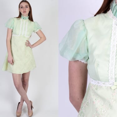 Mint Chiffon Lace Dress From The 70s, Velvet Floral Country Mini, Pastel Easter Inspired Short Bridesmaids Dress 