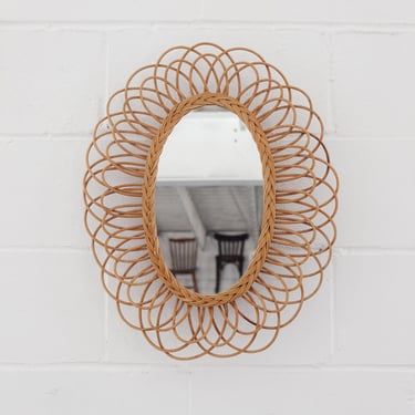 1960s French rattan oval flower mirror