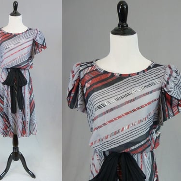 70s 80s Striped Dress - Gray Red Black White - Herringbone Stripes - It's A Lehigh - Vintage 1970s 1980s - M L 