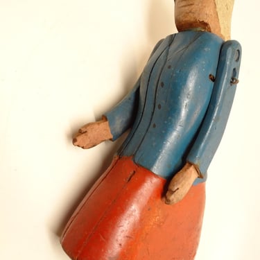 Antique 1800's Woman Push Toy,  Vintage Hand Painted Wood with Wheel 