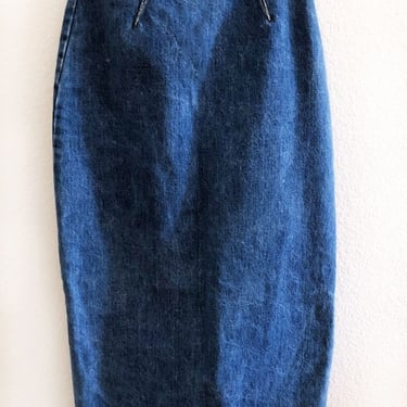 Simple Vintage Blue Jean Denim Skirt, Pencil Straight Wiggle Skirt Dress, 1980's, 1990's, size 7, Rockabilly Hippie Boho 