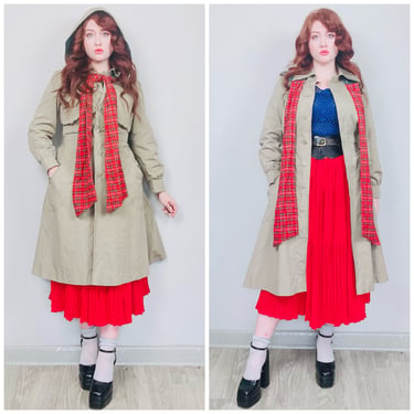 1970s Vintage Bottom Line Classic Princess Cut Trench Coat / 70s Flannel Lined Hooded Scarf Trench Jacket / Medium 