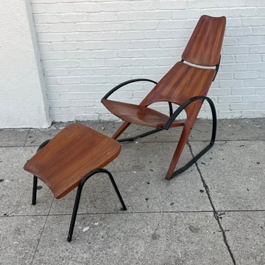 Mid Century Sculpted wood chair and ottoman, super rare 