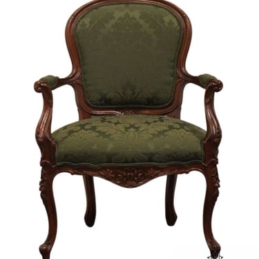 VINTAGE Louis XV Country French Provincial Fauteuil Accent Arm Chair w. Green Damask Upholstery 