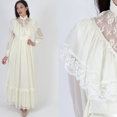 Cream Prairie Wedding Dress / Vintage 70s Sheer Floral Lace Bridal / Simple Ivory Bridesmaids Lawn Gown / Simple Victorian Tea Maxi 