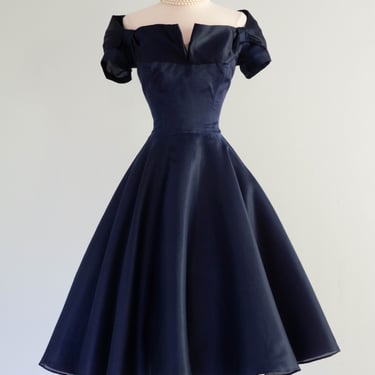 Stunning 1950's Philip Hulitar Midnight Navy Silk Cocktail Dress / Small