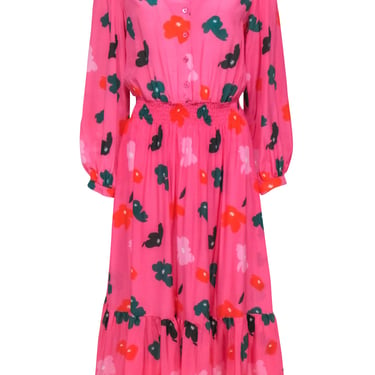 Tucker - Pink, Red & Green Floral Print Smocked Waist Maxi Dress Sz L