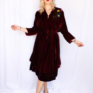 1930s Bordeaux Velvet Dress - XL 