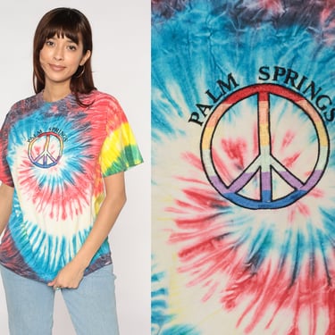 Palm Springs Shirt Y2K Tie Dye T-Shirt Embroidered Peace Sign Graphic Tee California Desert TShirt Rainbow Swirl Groovy Vintage 00s Medium M 