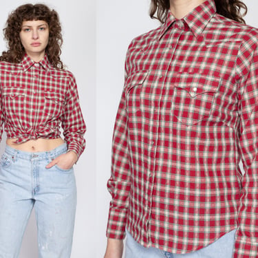 Medium 70s Red Plaid Pearl Snap Shirt | Vintage Rockmount Ranch Wear Western Long Sleeve Collared Top 