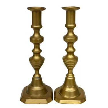 Antique Traditional Colonial Brass Candlestick Holders - A Pair