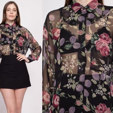 80s Sheer Black Floral Blouse - Medium | Vintage Boho Oversize Long Sleeve Button Up Collared Top 