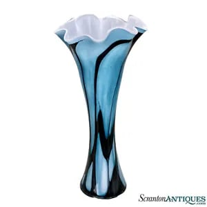 Mid-Century Large Italian Blue & Black Art Glass Ruffled Vase