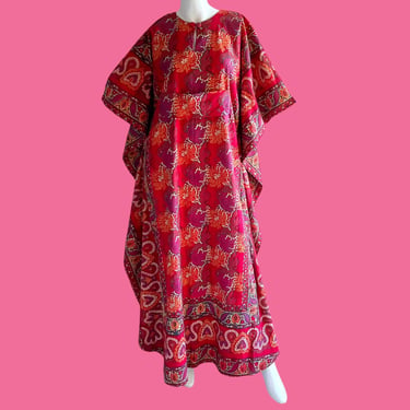 1960s Vintage Ramona Rull Block Print Caftan, Bohemian Festival Maxi Dress 
