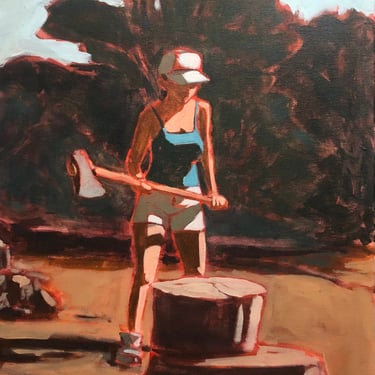 Woman Chopping Wood  |  Original Acrylic Painting on Canvas 16 x 20 