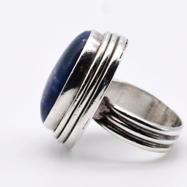 Big 70's sterling lapis lazuli size 9 rocker solitaire, 925 silver oval blue stone Southwestern hippie ring 