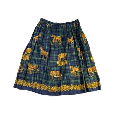 Vintage Susan Bristol Navy Green Plaid Horse Print Equestrian Pleated Long Skirt Plus Size 22W w pockets 