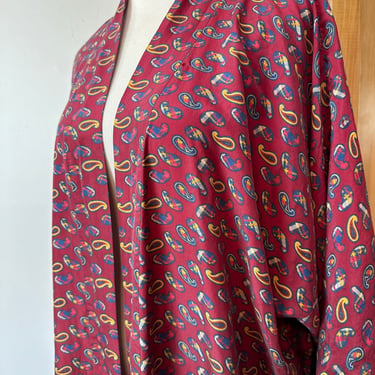 Vintage All silk paisley print Robe~ unisex style~ open size boxy open style 3/4 sleeves~ duster layer burgundy / size Med-large oversized 