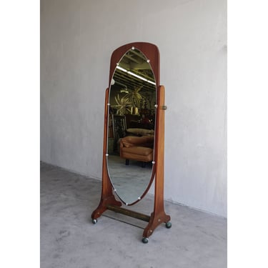 Mid Century Walnut and Brass Cheval Floor Mirror 