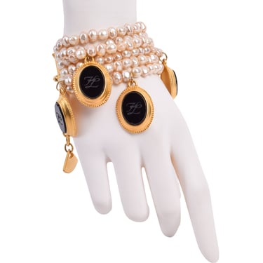 Karl Lagerfeld Vintage Incredible Multistrand Pearl and Dangling Cameo Bracelet