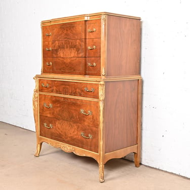 Antique French Provincial Louis XV Burled Walnut and Parcel Painted Highboy Dresser, Circa 1920s