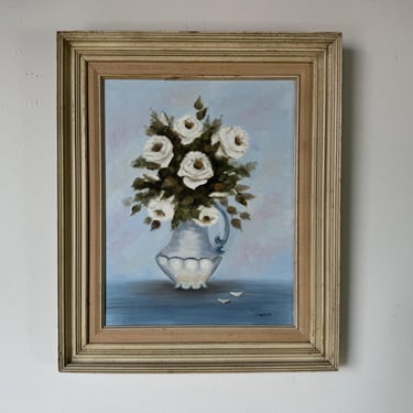 Vintage J. Melvin  Still Life Of White Roses In A Vase Oil Painting, Framed 