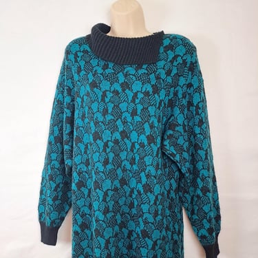 Vintage 80s Turquoise & Black Sweater Dress 