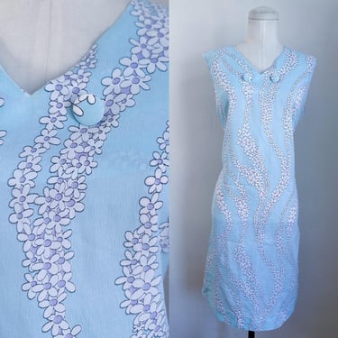 Vintage 1960s Blue Floral Crepe Dress / M 