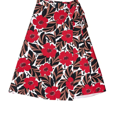 Kate Spade - Red, Brown, Black & White Floral Midi Wrap Skirt Sz 2