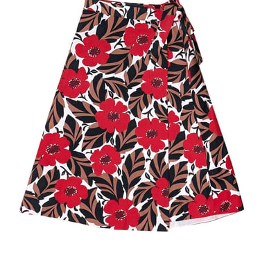 Kate Spade - Red, Brown, Black &amp; White Floral Midi Wrap Skirt Sz 2