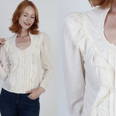Gunne Sax Gold Label Blouse Ivory Jessica McClintock Shirt Vintage 70s Simple Victorian Style Gunnies Crochet Top 