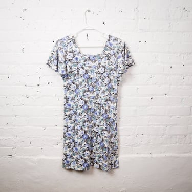 1990s Blue Floral Mini Dress by DBY LTD — Size Medium Large 